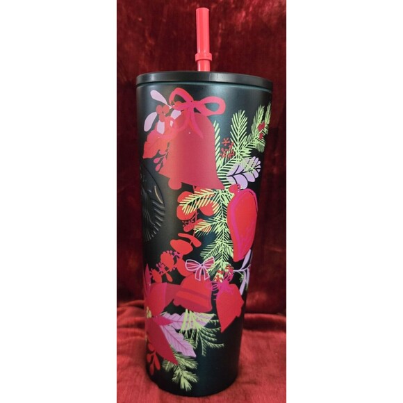 Starbucks Other - Starbucks 2021 Dark Green Metal Poinsettia Holiday Tumbler 16oz with Straw